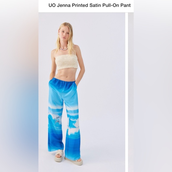 NWOT Urban Outfitters Jenna Printed Satin Pull-On Pants Medium Blue Multi - Picture 1 of 11